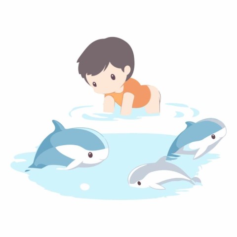 Boy swimming with dolphins in the pool vector illustration isola