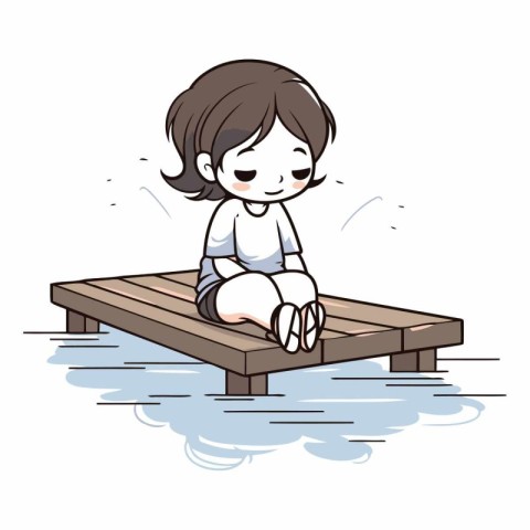 Illustration of a cute little girl sitting on a wooden pier.