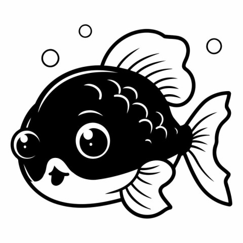 Black and White Cartoon Illustration of Cute Fish Character for