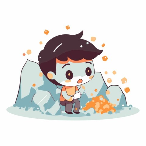 Cute little boy in a cave in cartoon style.