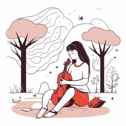 Girl playing the violin in the park. Vector hand drawn illustrat