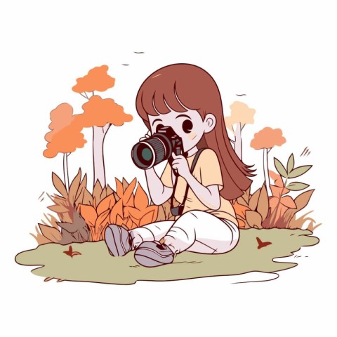 Little girl taking photo with camera in autumn park.