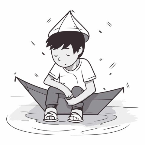 Illustration of a boy sitting on a paper boat and playing with w