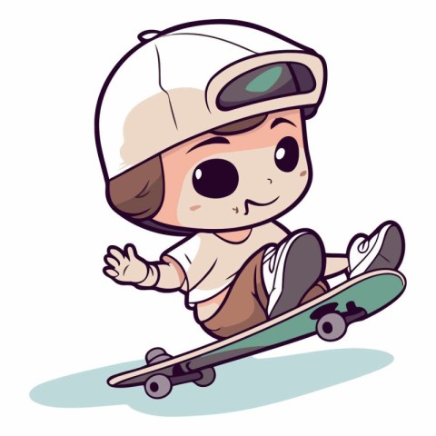 Cute boy in helmet with skateboard. Cartoon vector illustration.