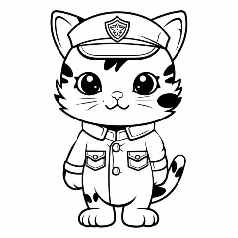 Black and White Cartoon Illustration of Cat Police Officer Chara