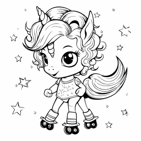 Cute cartoon unicorn on roller skates for coloring book.