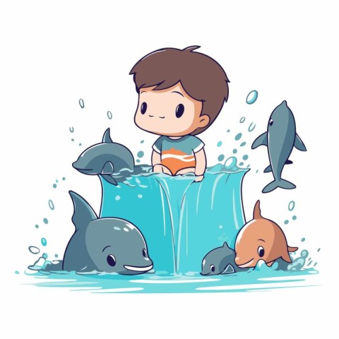 Little boy playing with dolphins in the water. Vector cartoon il