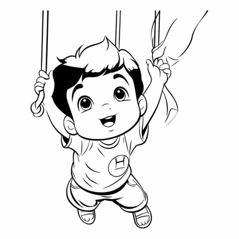 Cartoon boy swinging on a swing. Black and white vector illustra