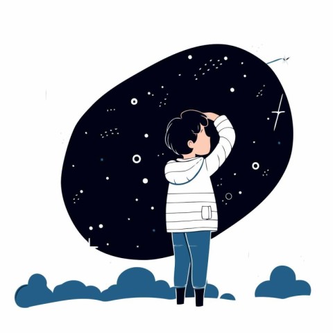 Cute little boy dreaming about space in cartoon style.