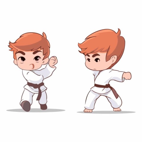 Taekwondo Boy and Girl Cartoon Character Vector Illustration.