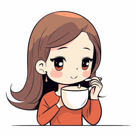 Cute little girl drinking coffee in cartoon style.