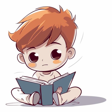 Cute boy reading a book in cartoon style.