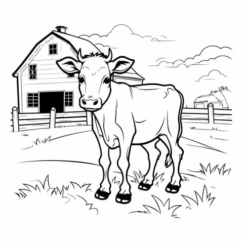 Cow in front of farm house. black and white vector illustration.