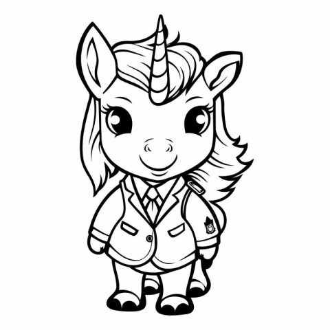 Unicorn Schoolgirl - Black and White Cartoon Illustration. Vecto