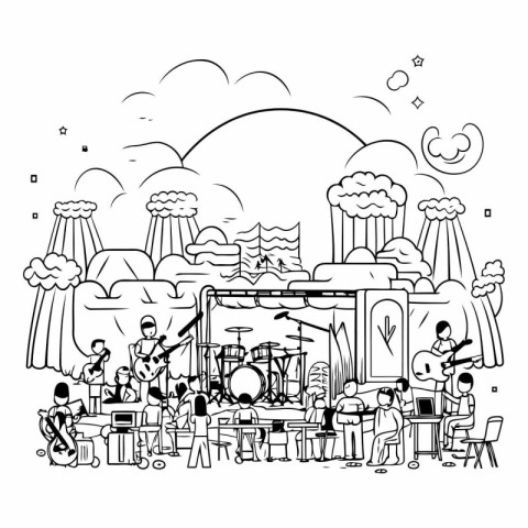 Music concert in the city in line art style.