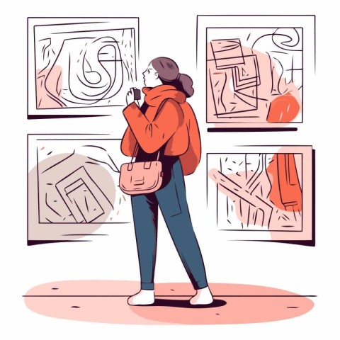 Woman looking at paintings in art gallery in cartoon style