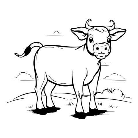 Cow in the meadow. Farm animal. Black and white vector illustrat