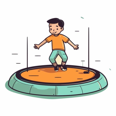 Happy boy jumping on a trampoline in cartoon style.