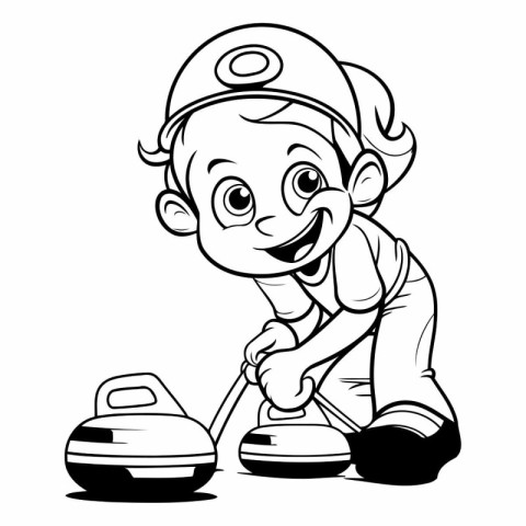 Black and White Cartoon Illustration of Cute Little Boy Playing