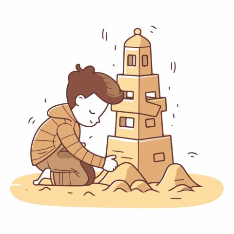 Little boy playing with sand and building a tower.