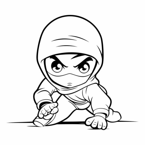 Ninja - Black and White Cartoon Illustration of a Ninja Boy or K