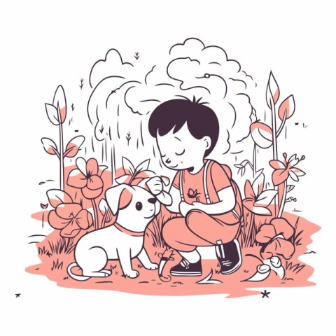 Boy playing with a dog in the park. Vector hand drawn illustrati