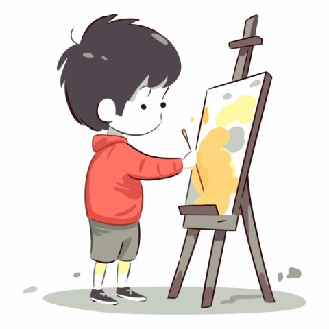 Boy painting a picture on easel in cartoon style.