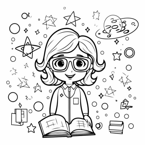 Coloring book for children: girl with a book in her hands