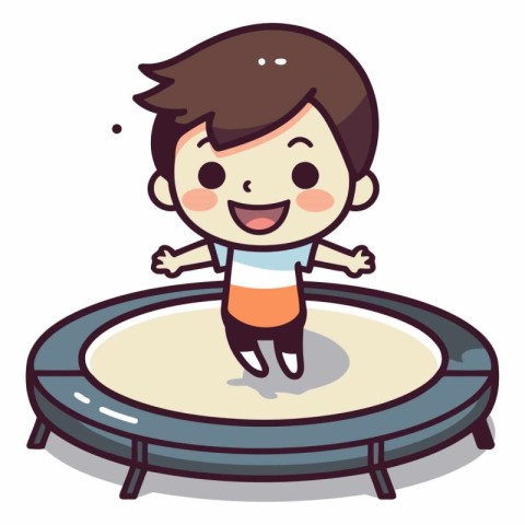 Cute boy jumping on a trampoline cartoon vector illustration.