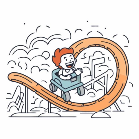 Man riding a roller coaster in amusement park. Vector linear car