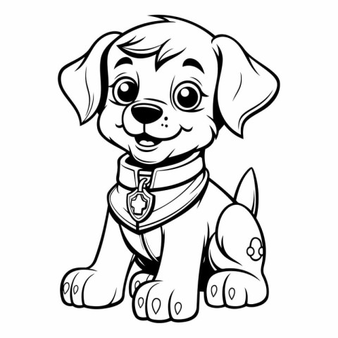 Cute Puppy - Black and White Cartoon Illustration. Vector