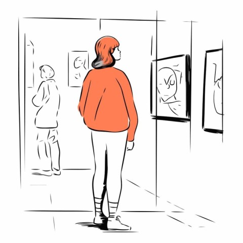 Woman looking at paintings in art gallery. Vector hand drawn ill