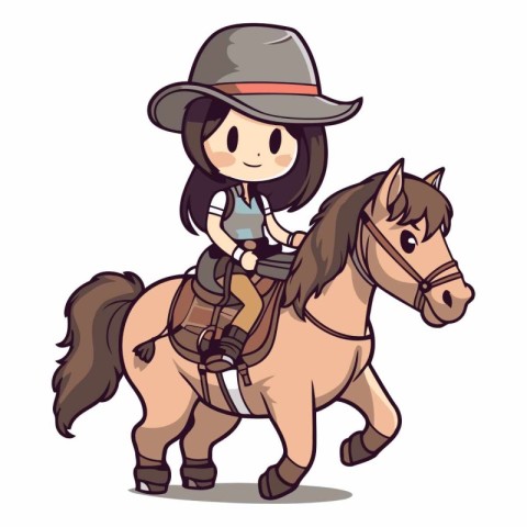 Illustration of a Cute Little Girl Wearing a Cowboy Hat and Ridi