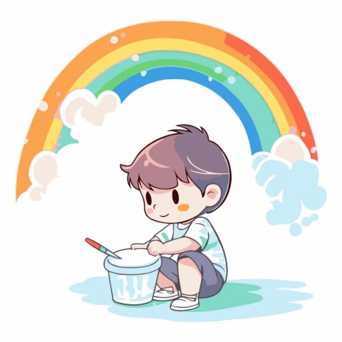 Boy playing with a bucket of paint and a rainbow in the backgrou