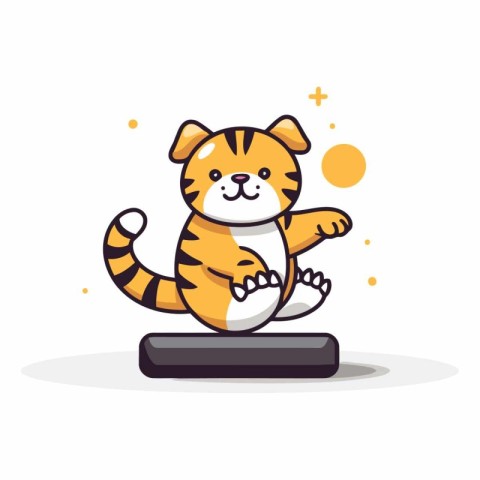 Cute tiger sitting on scale in flat style.