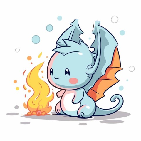 Cute cartoon dragon with fire on white background.