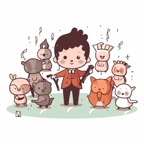 Cute cartoon boy with many kind of animals.