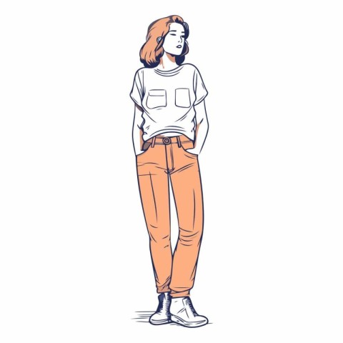 Stylish young woman in casual clothes in sketch style.