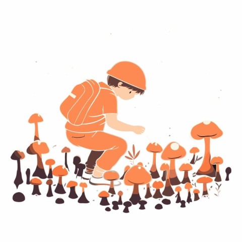 Cute vector illustration of a boy in a helmet picking mushrooms.