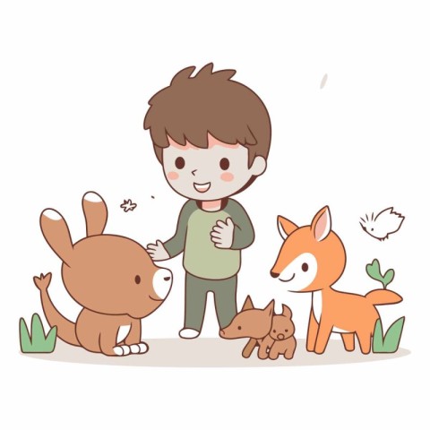 Little boy playing with cute little animals in cartoon style.