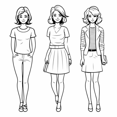 Fashion girls sketch of beautiful young women in casual clothes.