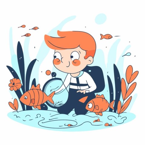 Vector illustration of a boy fishing in the sea. Cartoon style.