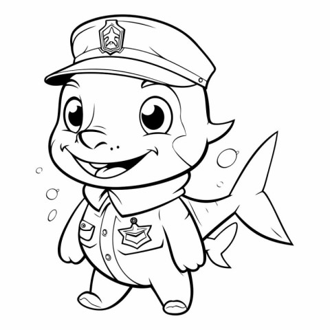 Black and White Cartoon Illustration of Cute Little Fish Captain