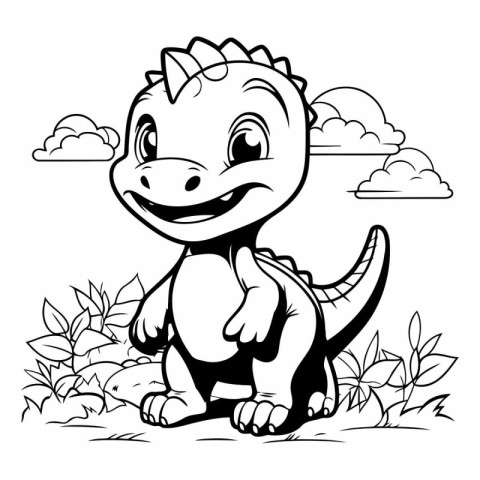 Black and White Cartoon Illustration of Cute Dinosaur Animal for