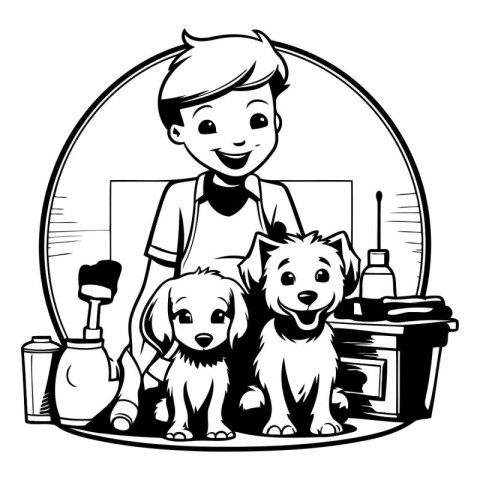 Boy with dog and cleaning equipment in black and white colors.