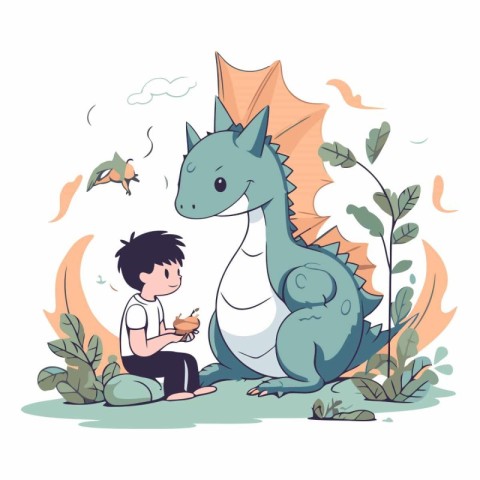 Little boy playing with a dragon in cartoon style.