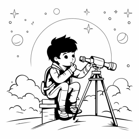 Boy with telescope on the background of night sky.