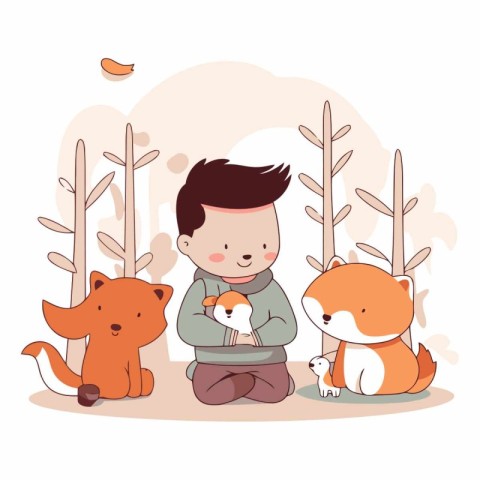 Cute boy and animals in the park in cartoon style.