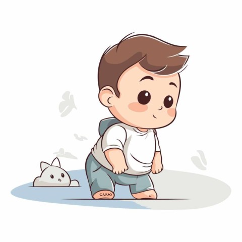 Cute little boy is playing with a cat.