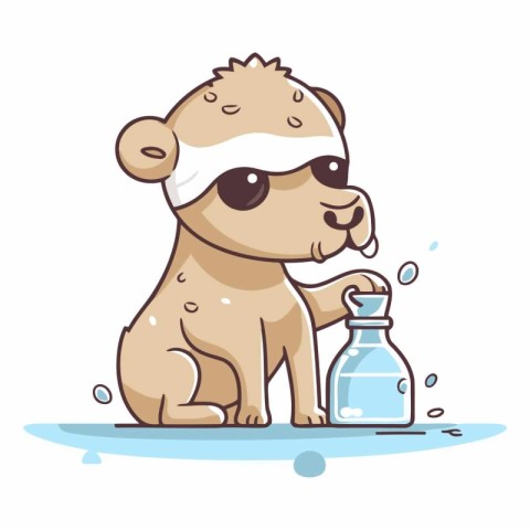 Cute cartoon dog with a bottle of water.